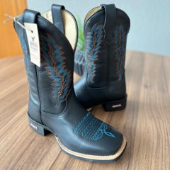 Texana Joaquim - Couro Floater Preto/Bordado Ramos Azul e Laranja