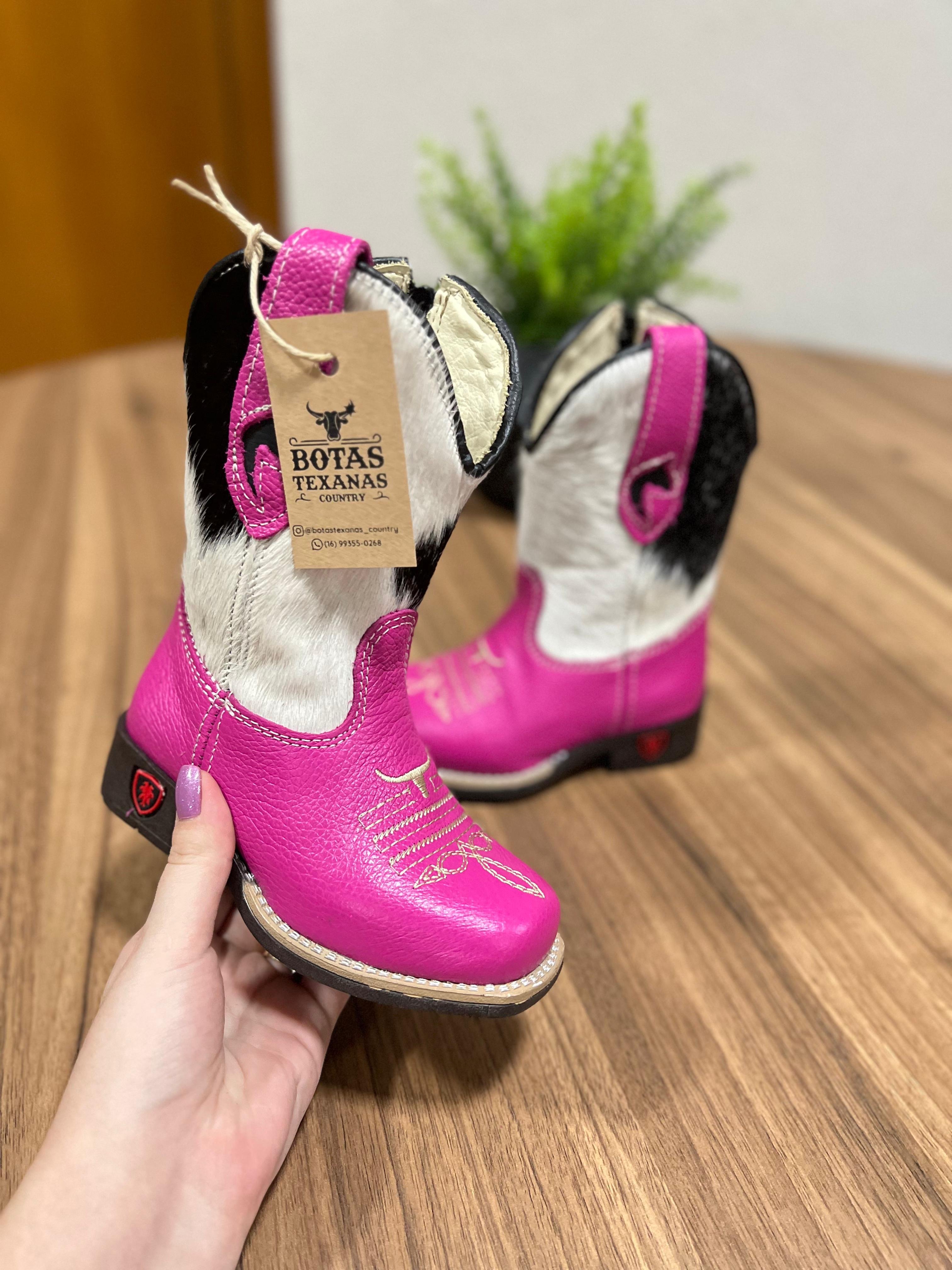 Texana Melissa Infantil - Couro Holandês e Floatter Rosa/Bordado Bege