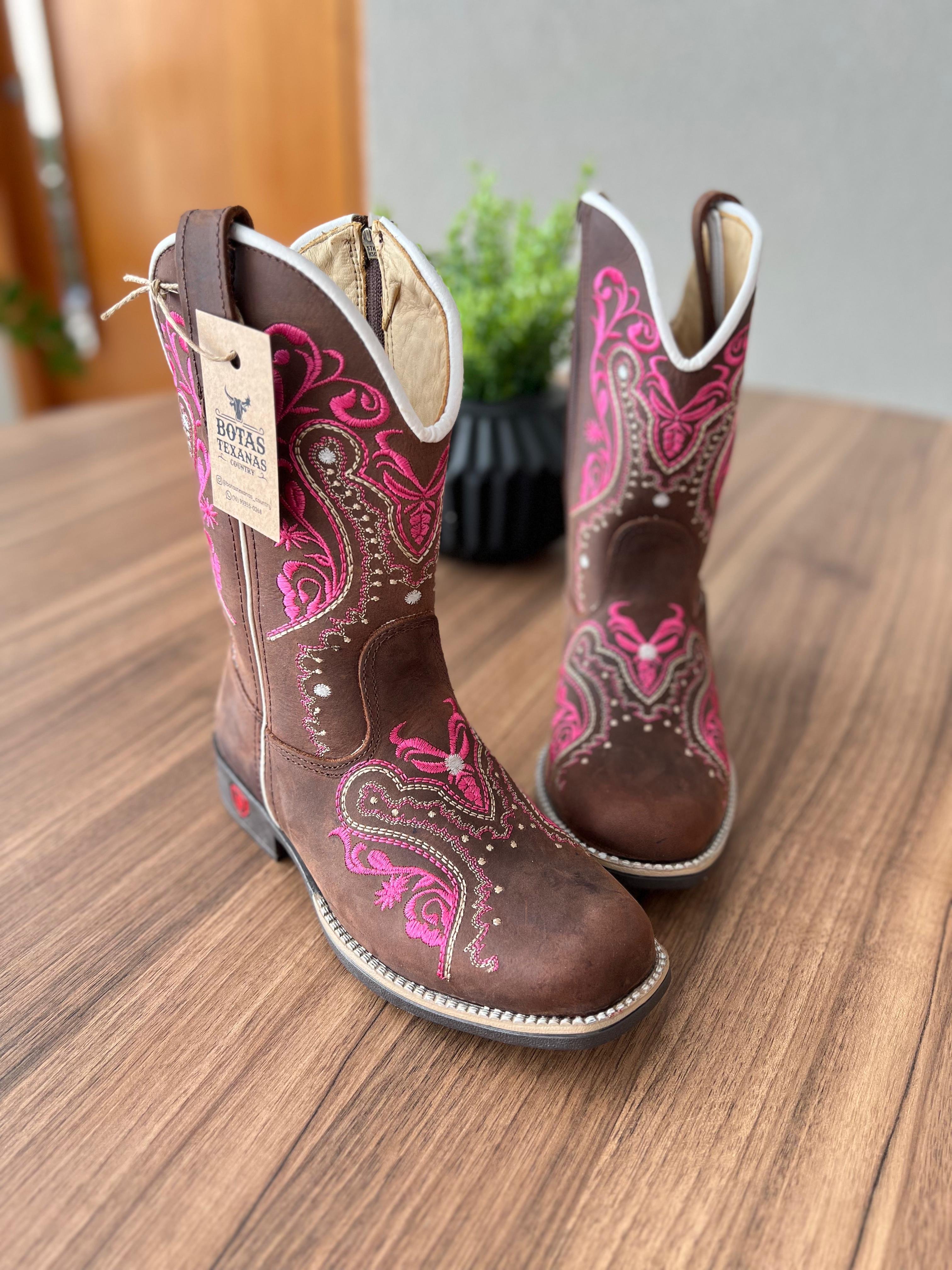Texana Alice Infantil - Couro Horse Nescau/Bordado Tribal Rosa