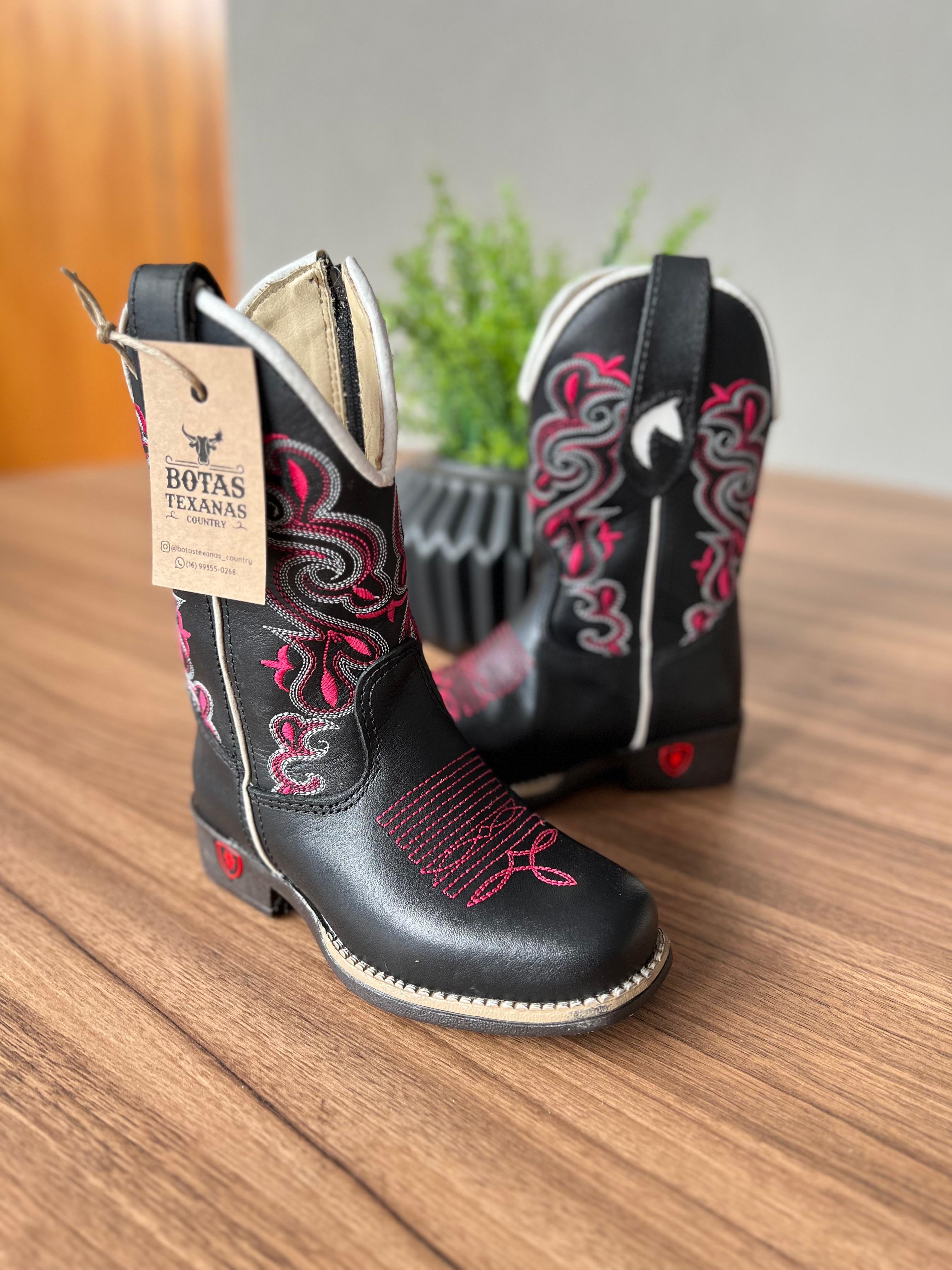 Texana Ágata Infantil - Couro Látego Preto/Bordado Ramos Rosa