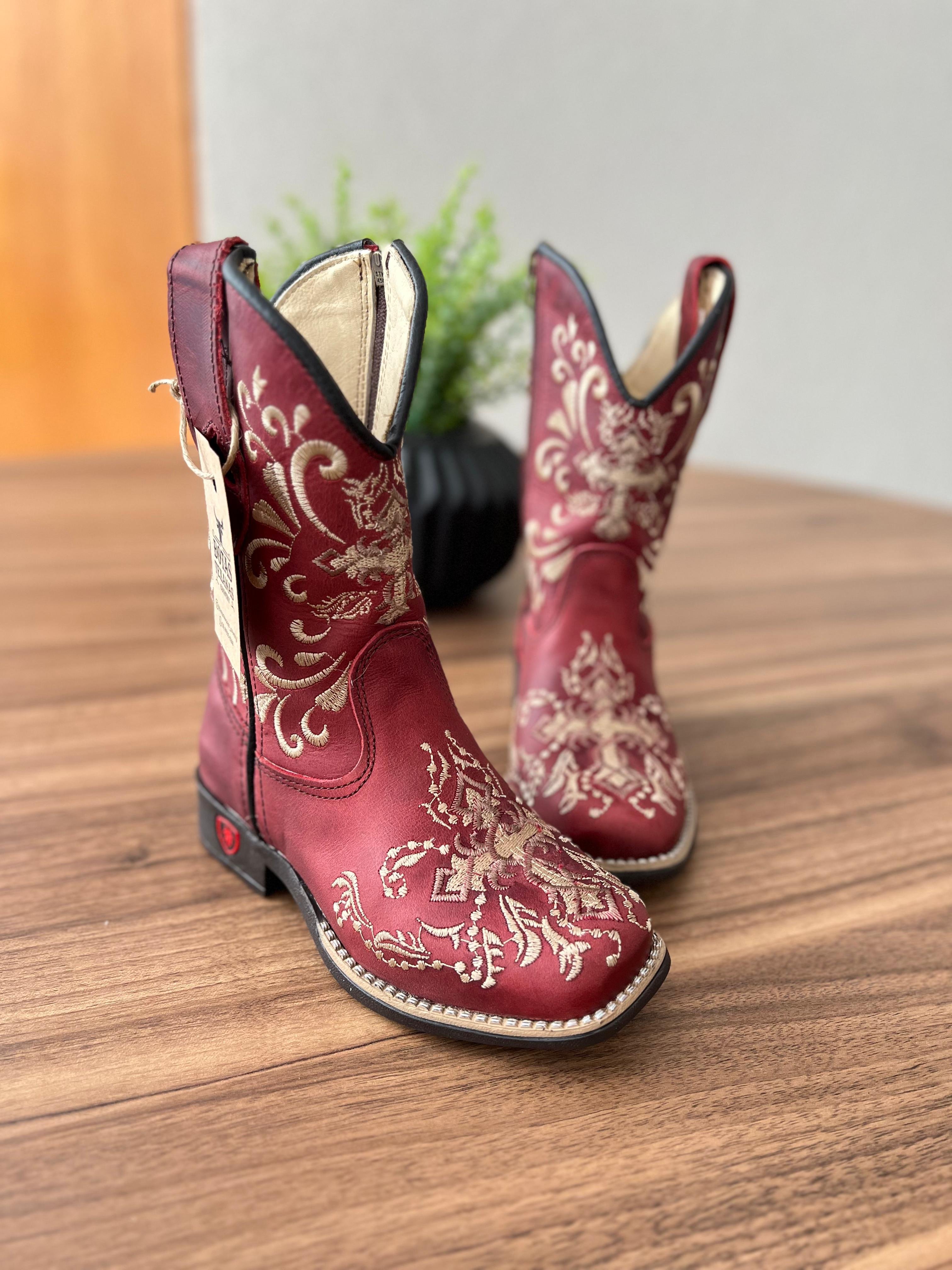 Texana Isabela Infantil - Couro Vermelho/Bordado Cruz Marrom e Bege