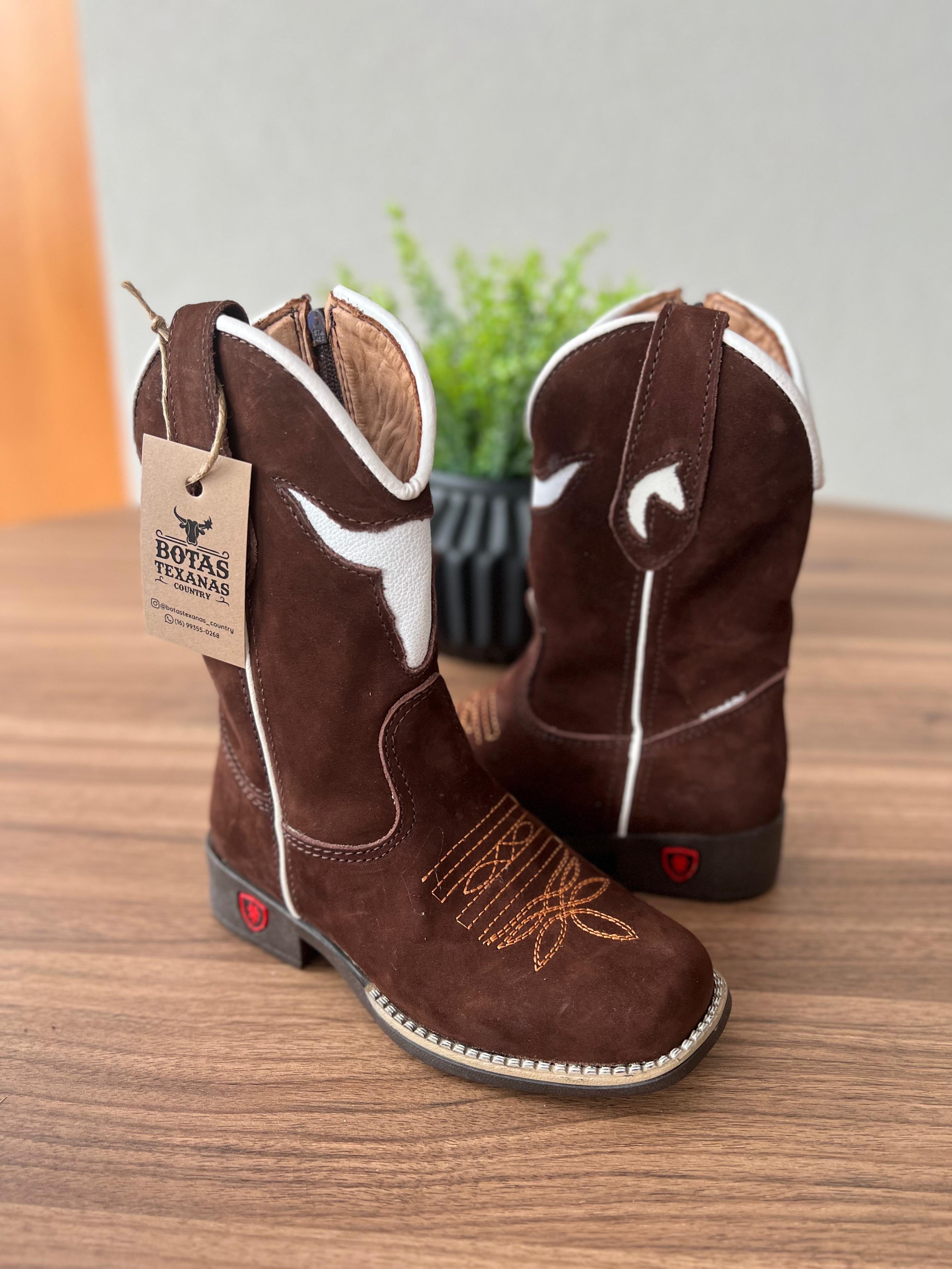 Texana Lucca Infantil - Couro Nobuck Marrom/Bordado Touro Branco