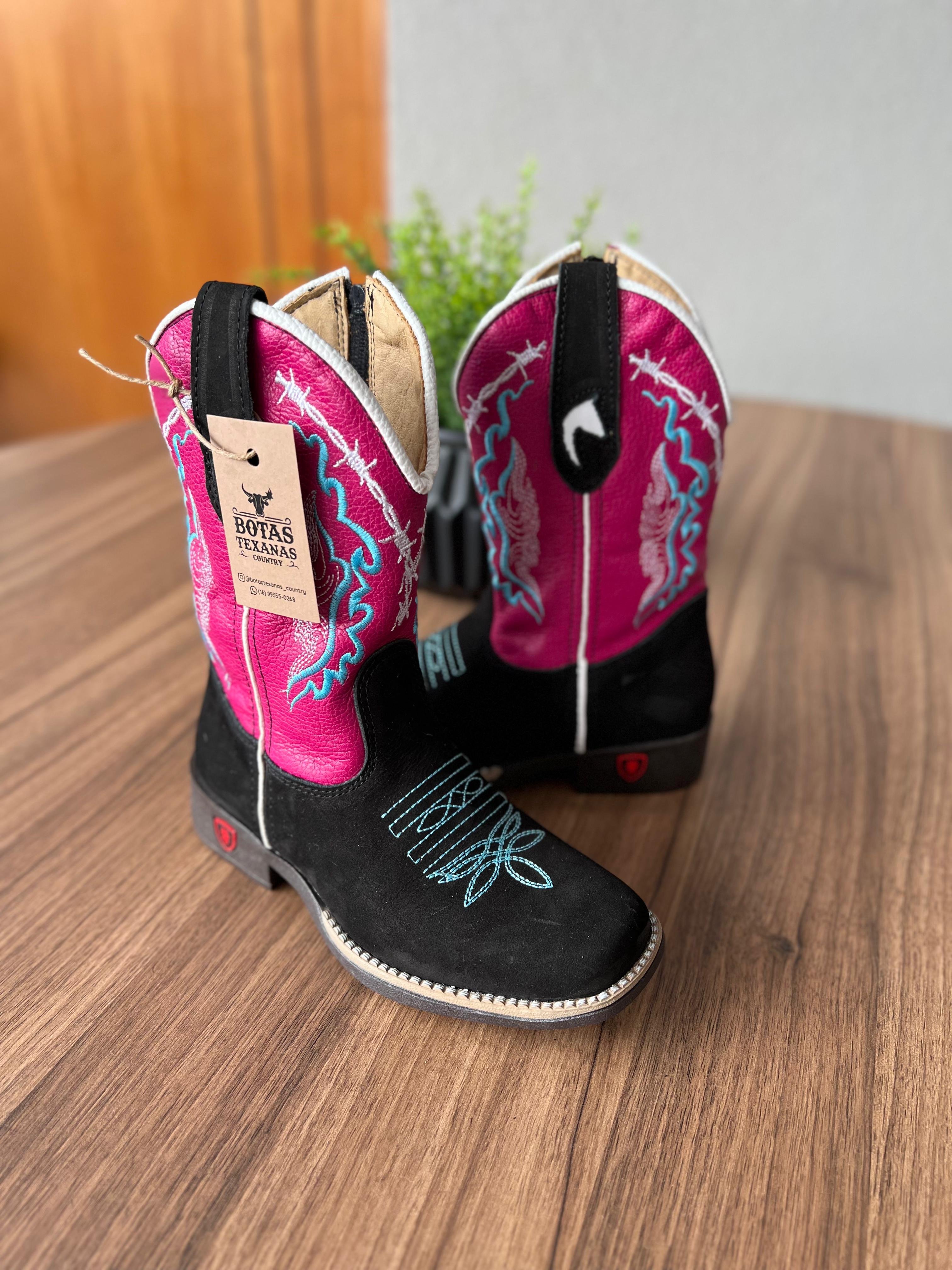 Texana Marieli Infantil - Couro Floatter Rosa/Bordado Ramos Azul