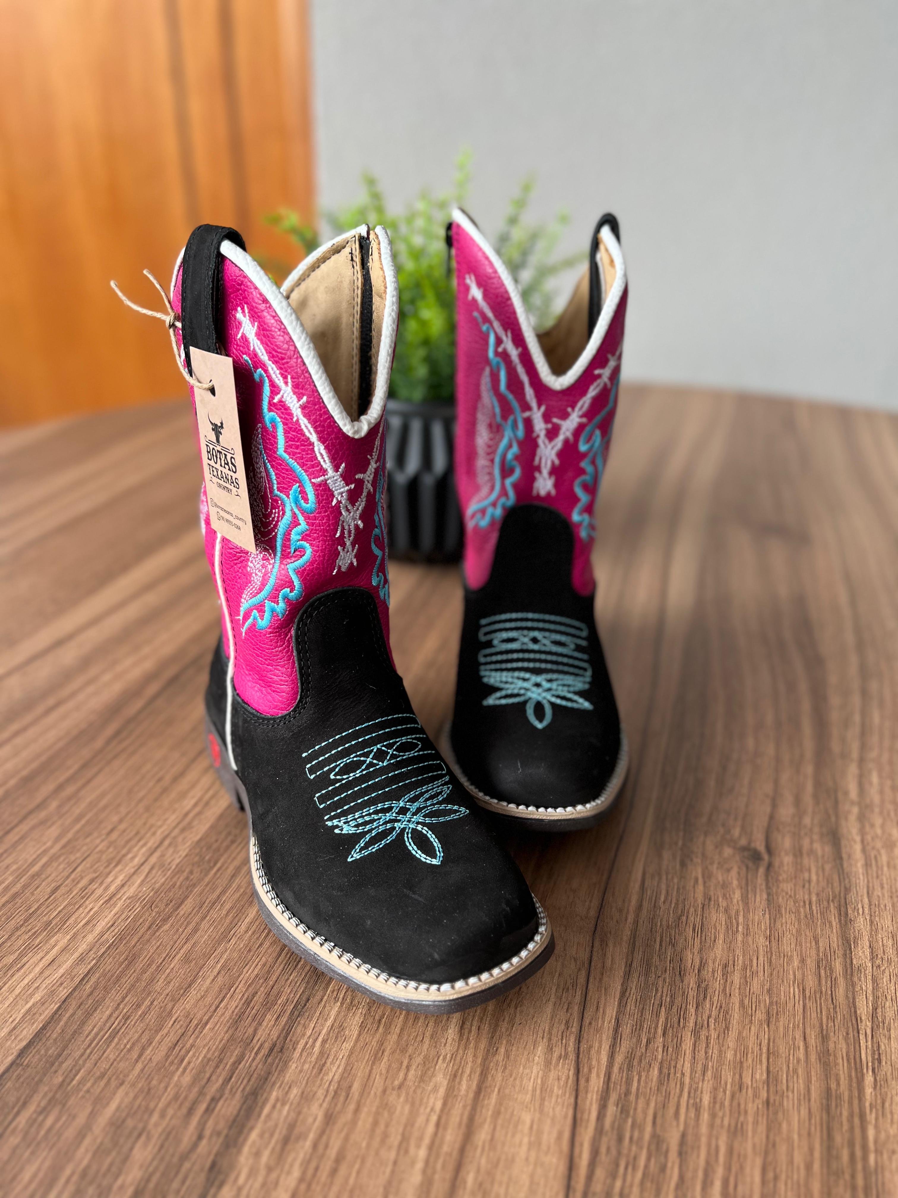 Texana Marieli Infantil - Couro Floatter Rosa/Bordado Ramos Azul