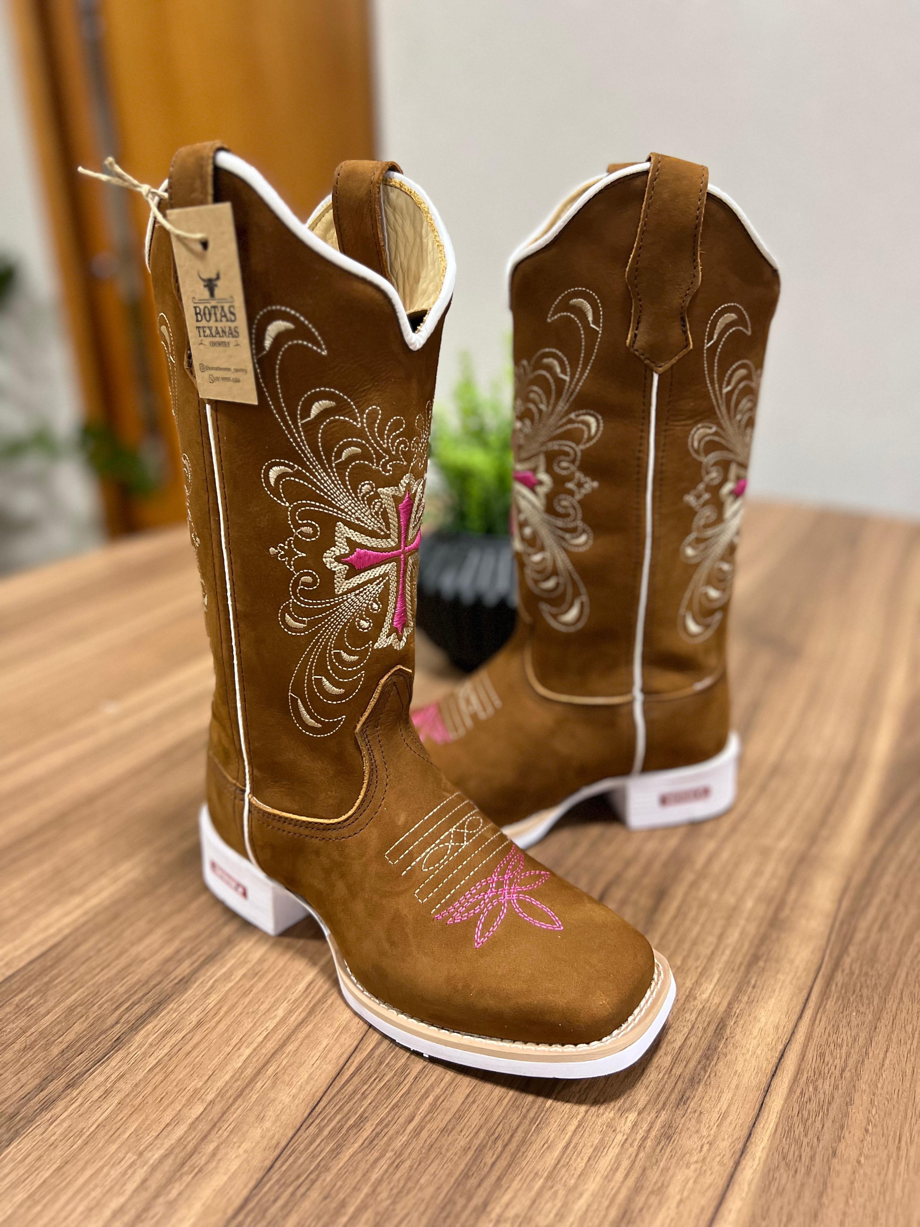 Cano Curto Bota Texana Feminina Com Cruz Bota Texana Cruz Rosa