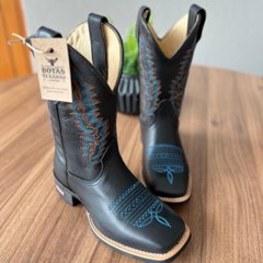 Texana Joaquim - Couro Floater Preto/Bordado Ramos Azul e Laranja