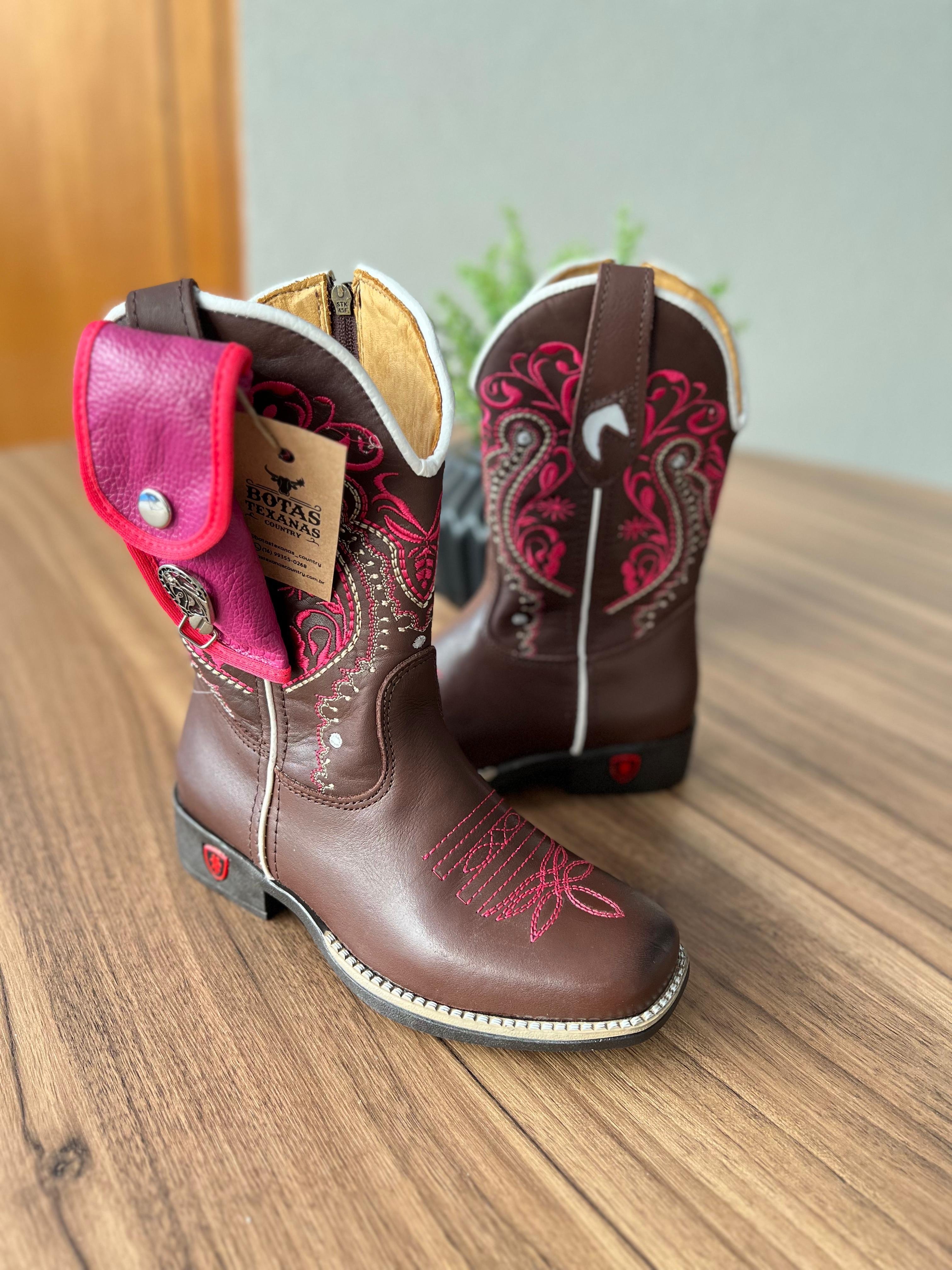 Texana Alice Infantil com Kit Canivete Couro Látego Marrom/Bordado Tribal  Rosa