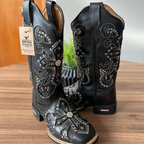 Texana Amora 2.0 - Couro Látego Preto/Laser Bordado Cruz Glitter Preto