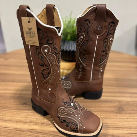 Texana Alice - Couro Horse Nescau/Bordado Tribal Preto