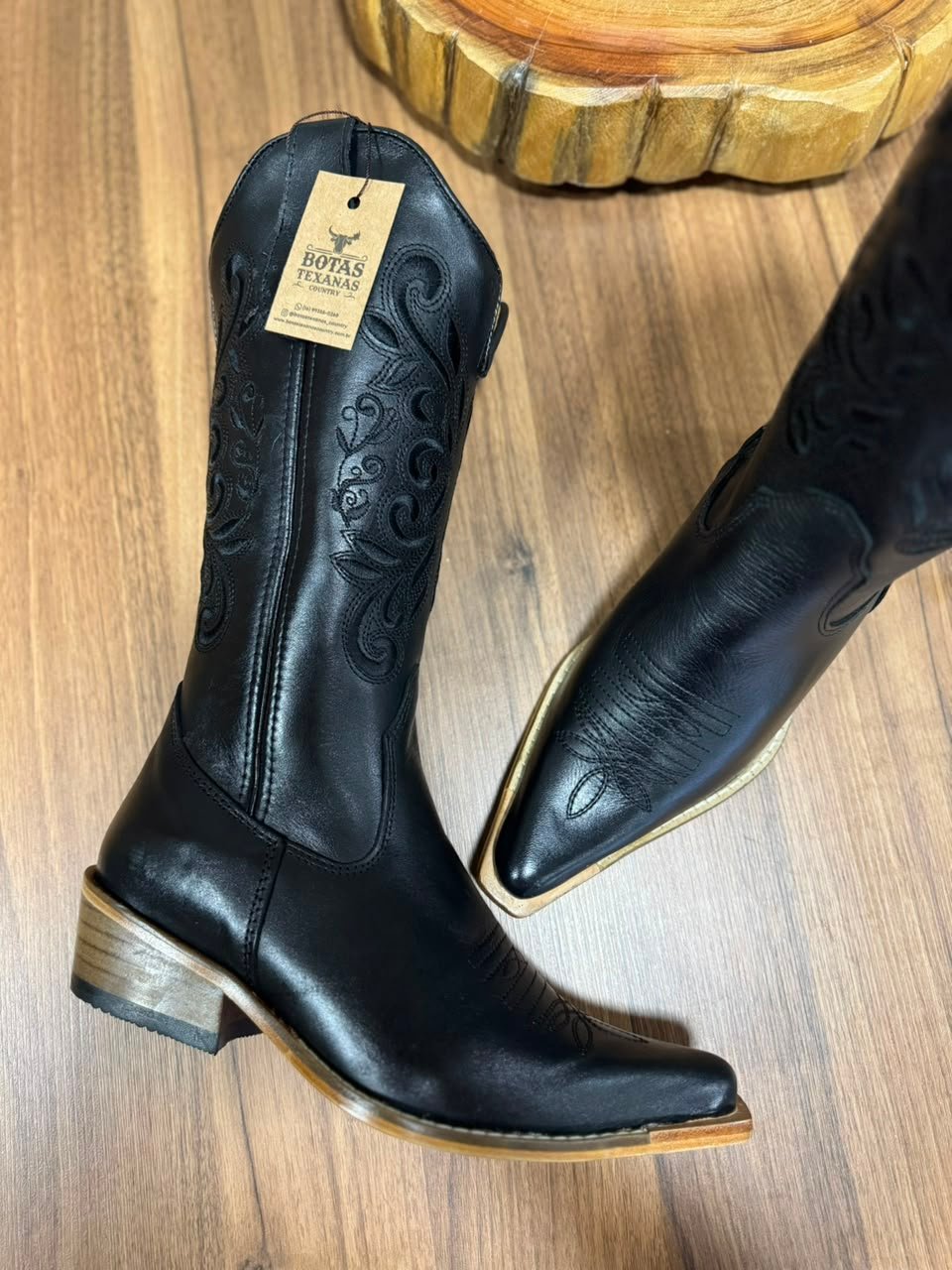 Texana Geovana (Perfilado) - Couro Latego Preto/Ramos Preto 