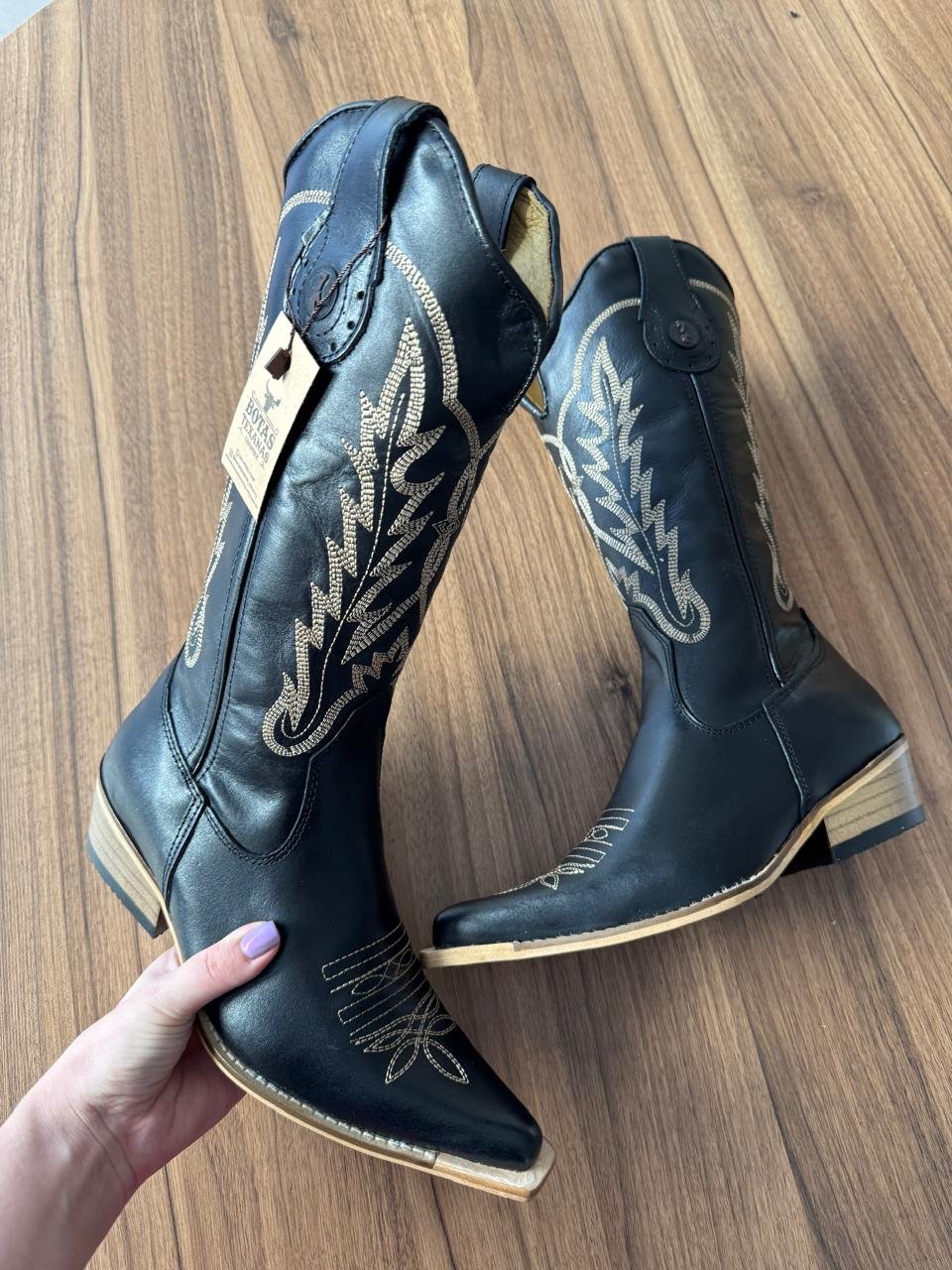 Texana West (Perfilado) - Couro Latego Preto/Ramos Bege