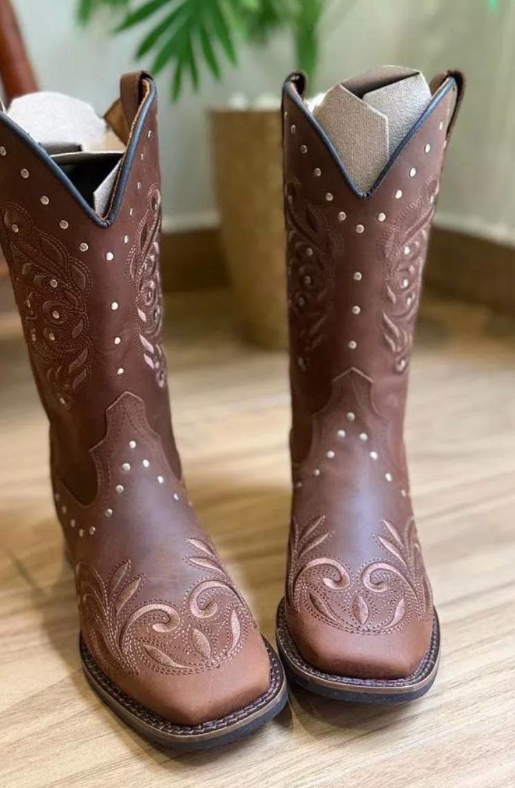 Texana Geovana - Couro Horse Nescau/Ramos Marrom c/ Metais