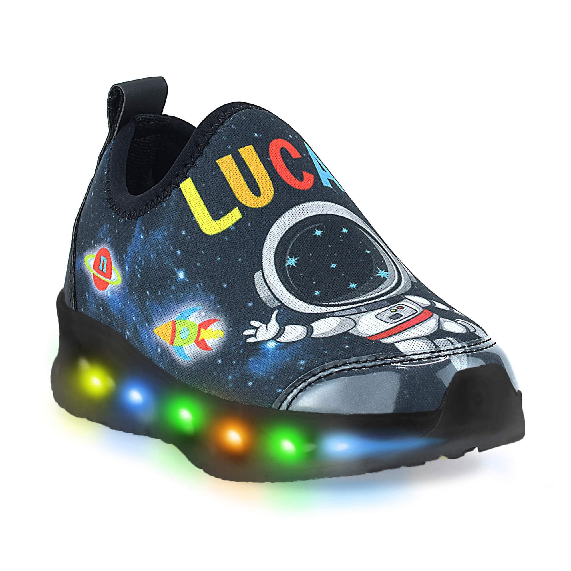 Tênis Infantil Novopé Personalizado Com Nome LED Ativado por Impacto Astronauta