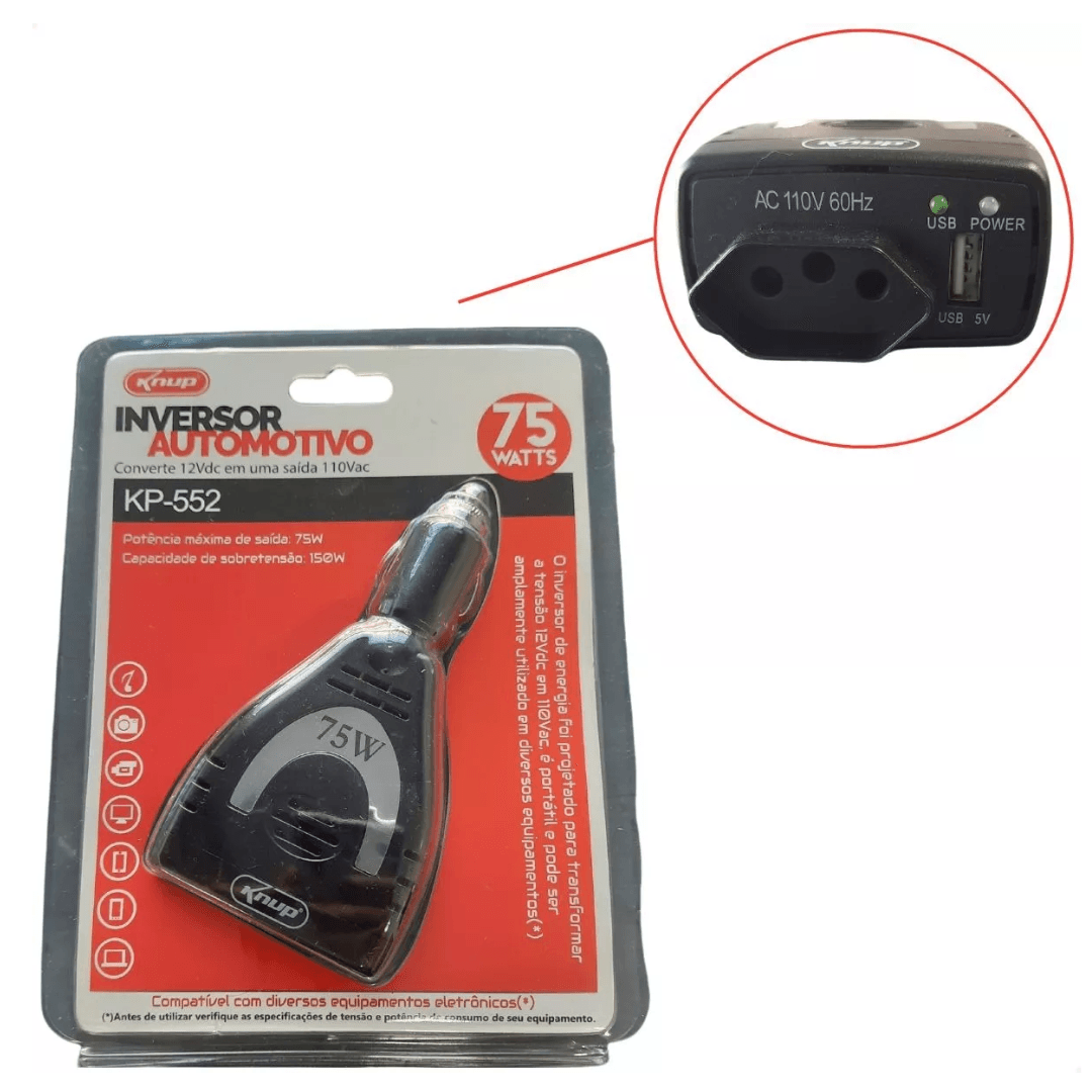 Inversor Conversor Energia Tomada USB Veicular 75W 12V 110V KP-552 Knup ...