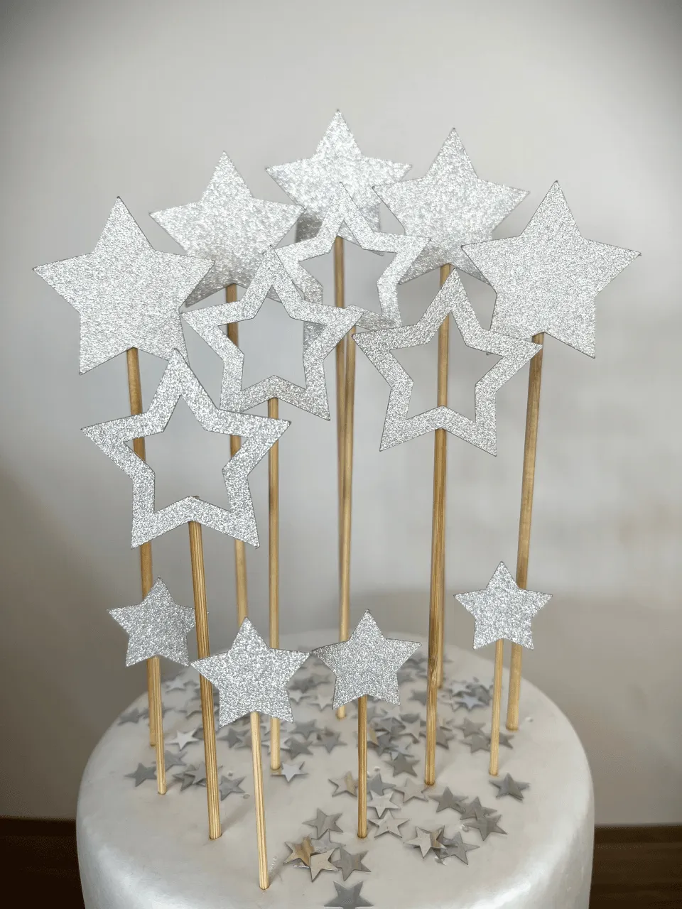 Topo de Bolo – Estrelas Glitter Prata - 10 unidades | Agatafesteira