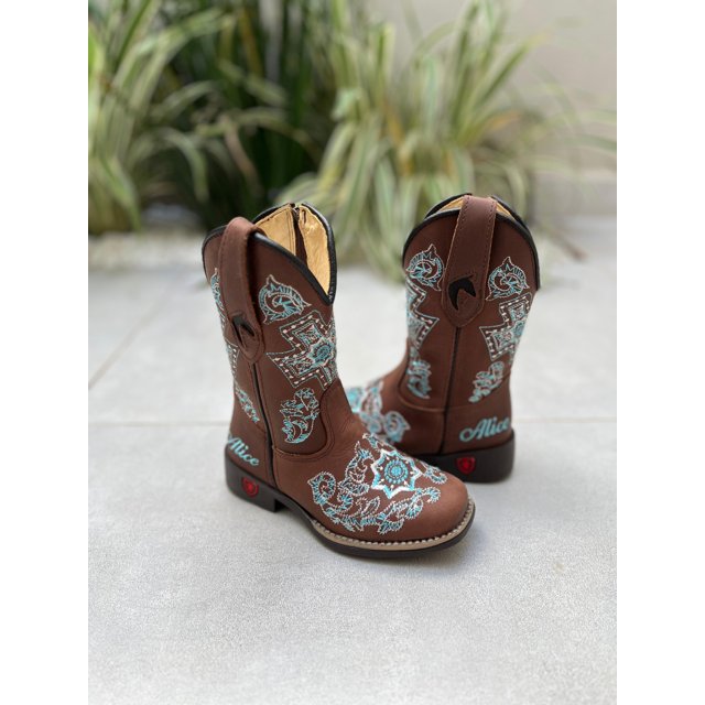 BOTA TEXANA INFANTIL EM COURO MARROM BORDADO AZUL E BRANCO