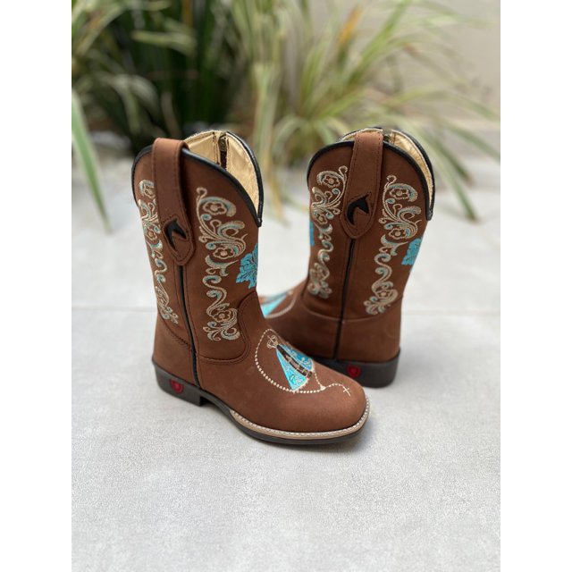 BOTA TEXANA INFANTIL EM COURO MARROM BORDADO RAMOS NOSSA SENHORA AZUL E BEGE
