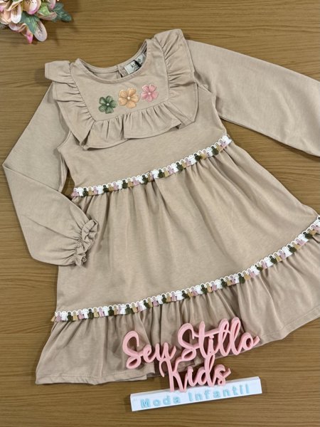Vestido Infantil Kukiê Inverno Marrom Flores Seu Stillo Kids
