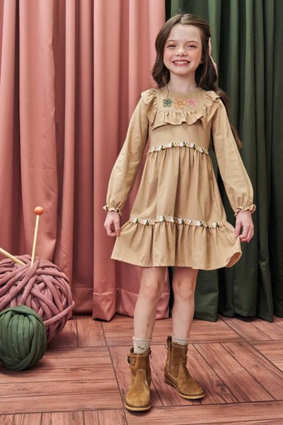 Vestido Infantil Kukiê Inverno Marrom Flores Seu Stillo Kids