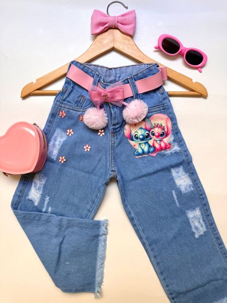 Calça Jeans Wide Leg do Stitch com cinto rosa | Sonhos e Magia
