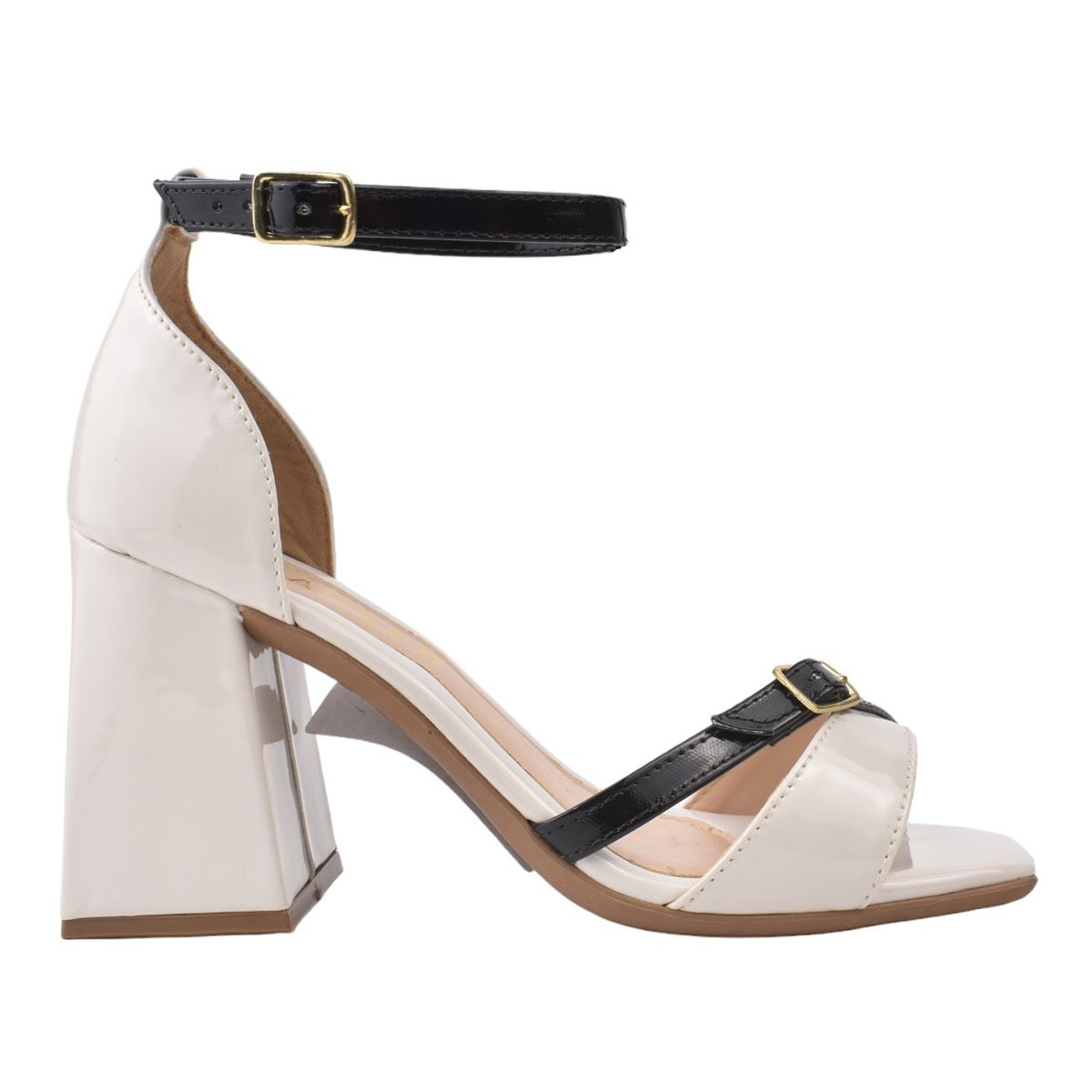 Bico Quadrado Sandalia Preta E Branca Salto Grosso Sandália Bico