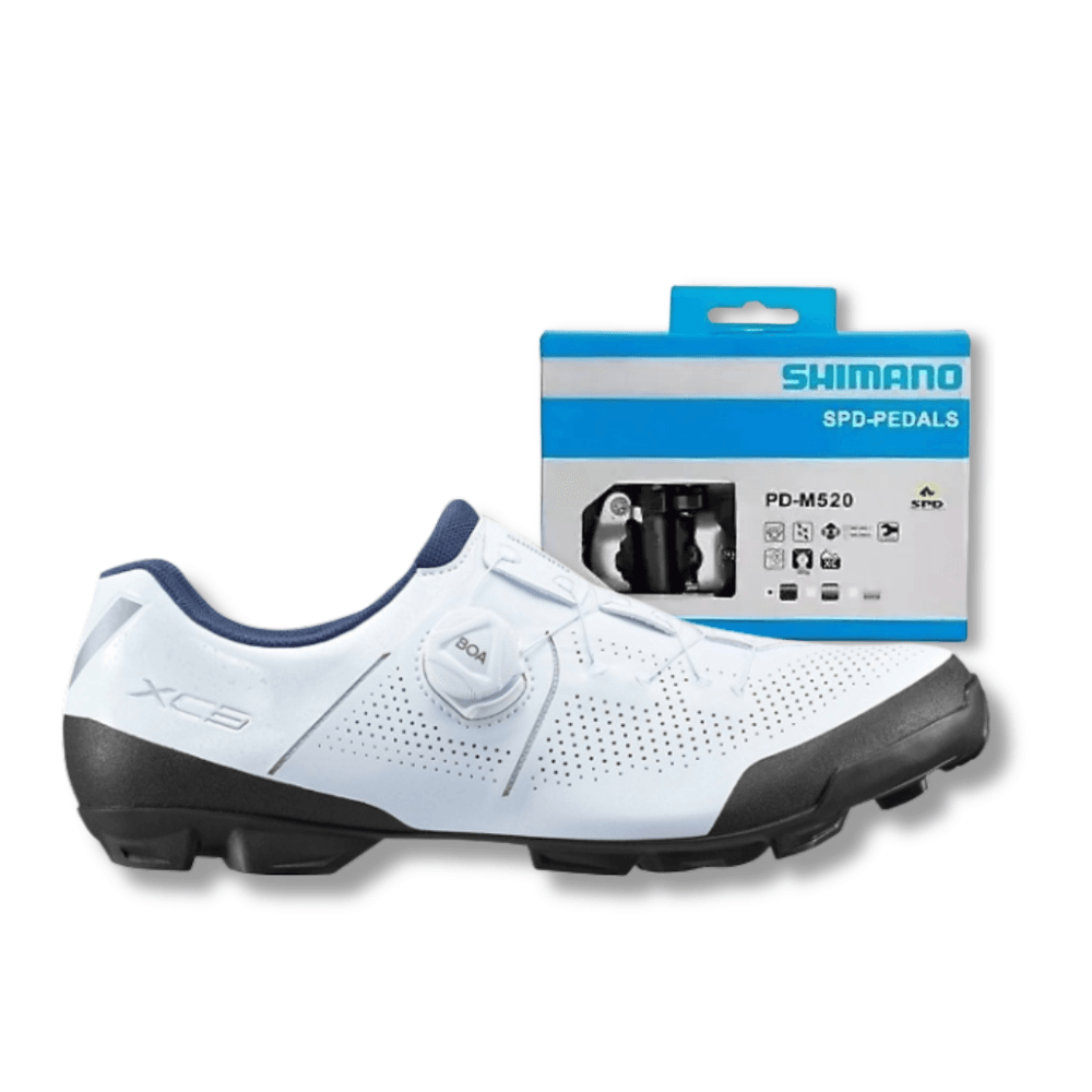 KIT SHIMANO XC302 - BRANCO + PEDAL CLIP M520 - SAPATILHA MTB