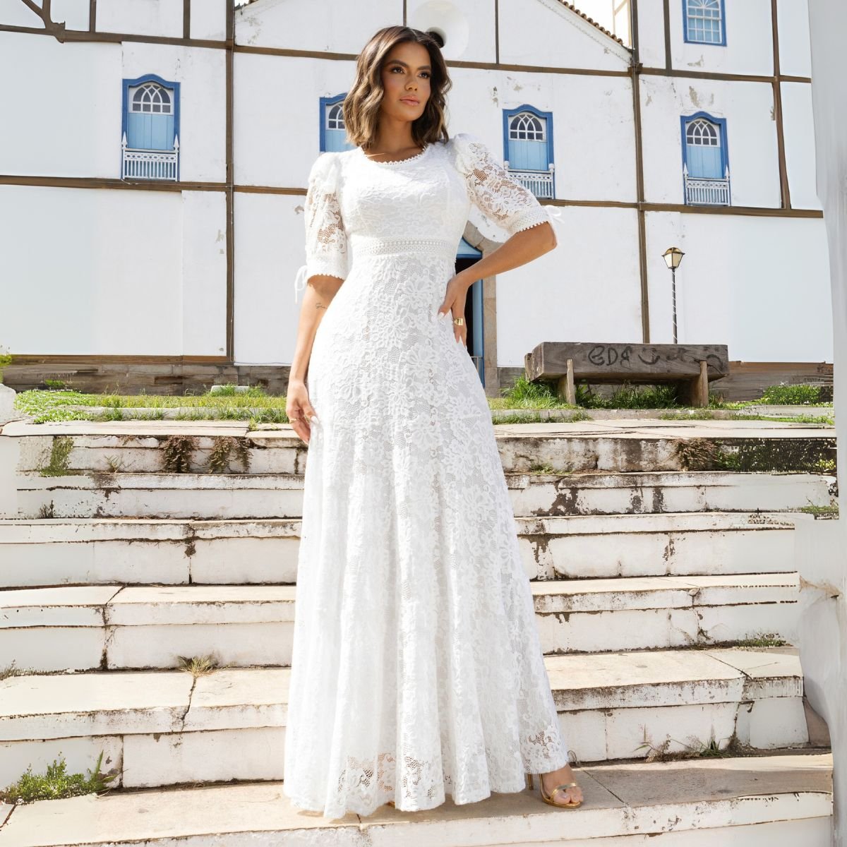 Off White Vestido PrÃ© Wedding Comprar Vestido Longo De Manga 3/4