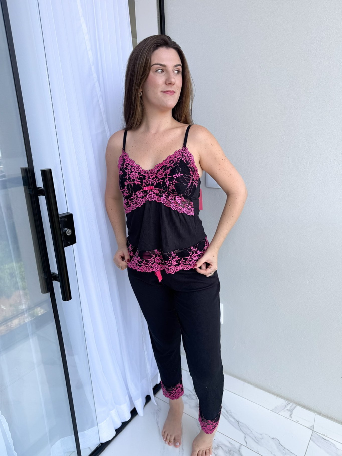 Pijama Canelado em Renda Preto | Almanua Intimates