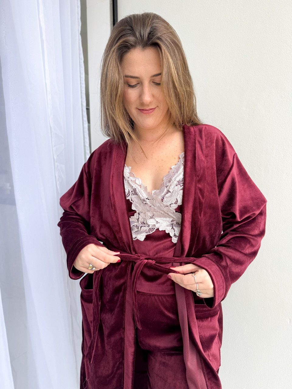 Kit Luxo 3 peças em veludo Marsala | Almanua Intimates