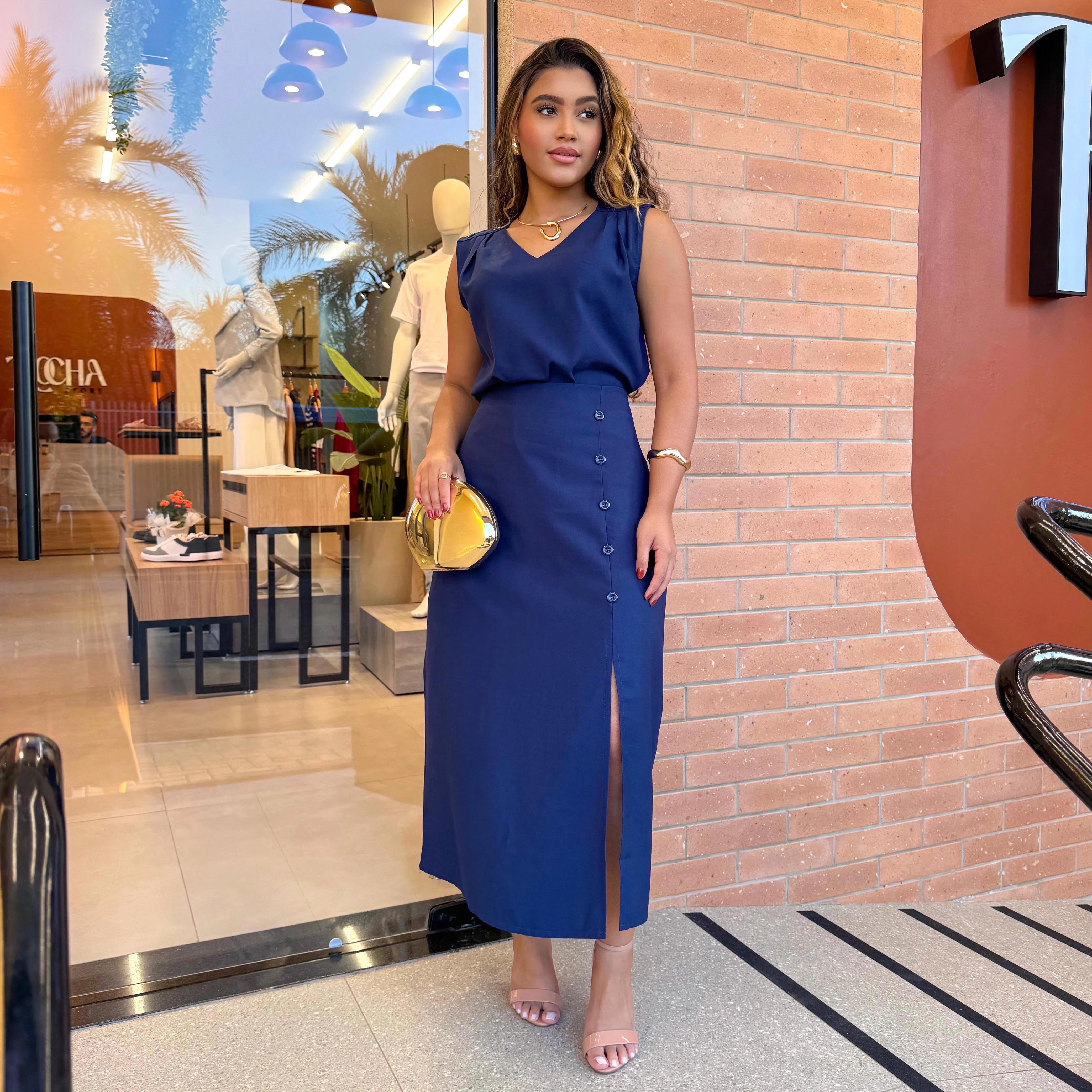 Conjunto Saia Midi Fenda E Blusa Social Marrant Alfaiataria Loja