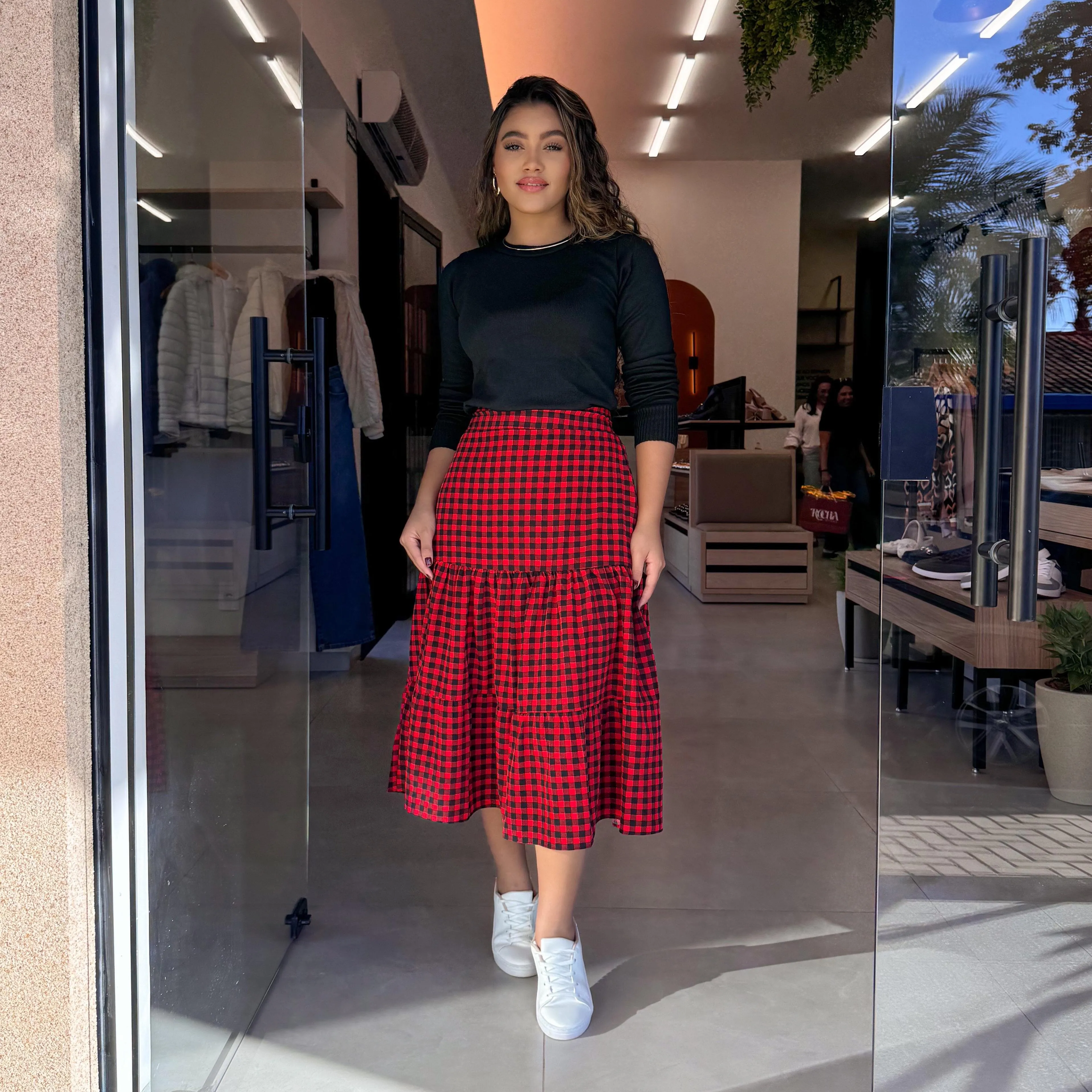 Três Marias Saia Longa Xadrez Vermelha Saia Xadrez Vermelha Festa