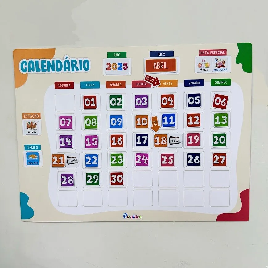Quadro Calendário Interativo Educativo Infantil | Picullico