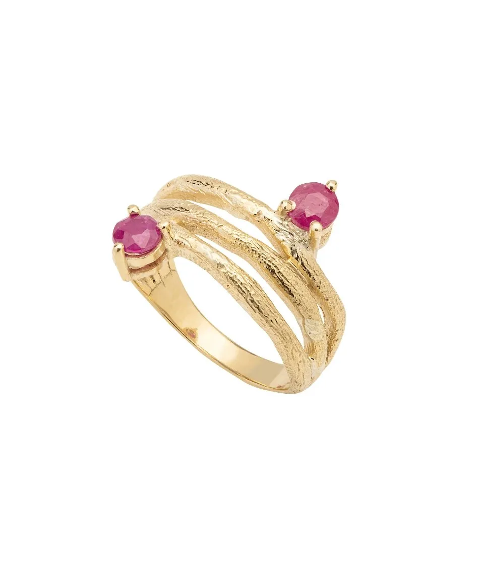 Anillo Hojas de Uva en oro amarillo 18k con rubíes