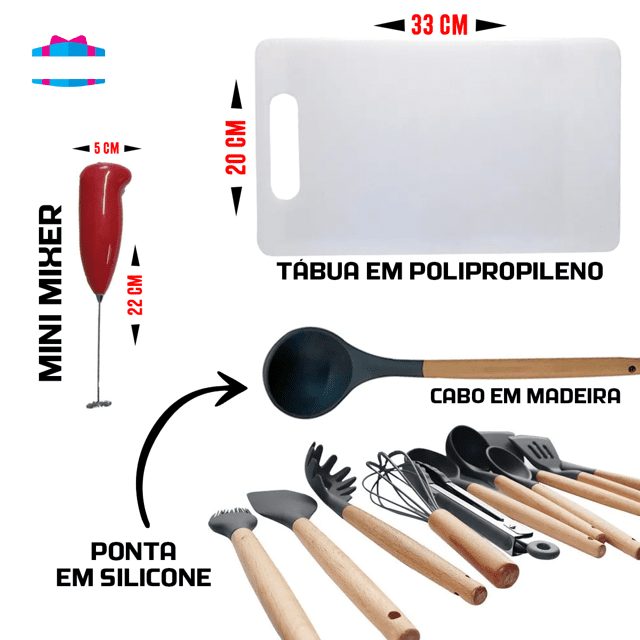 Kit Gourmet - Suporte Preto + Jogo De Cozinha Talheres Silicone 11 Peças