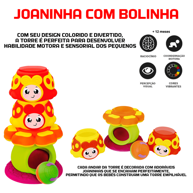 Torre Joaninha Com Bolinha Chocalho Brinquedo Bebê Estímulo
