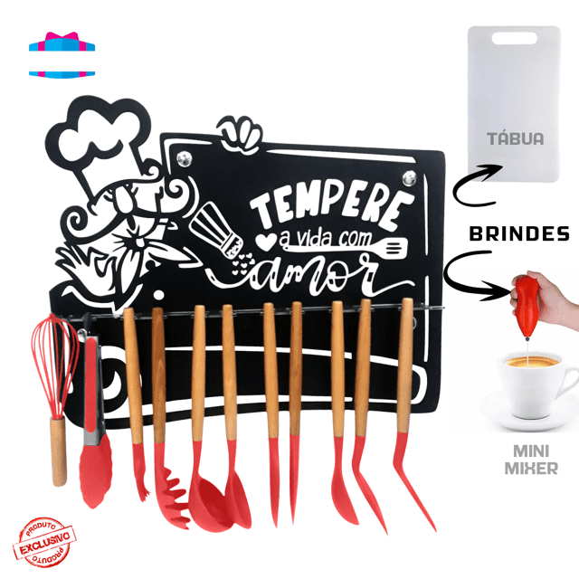 Kit Gourmet - Suporte Preto + Jogo De Cozinha Talheres Silicone 11 Peças