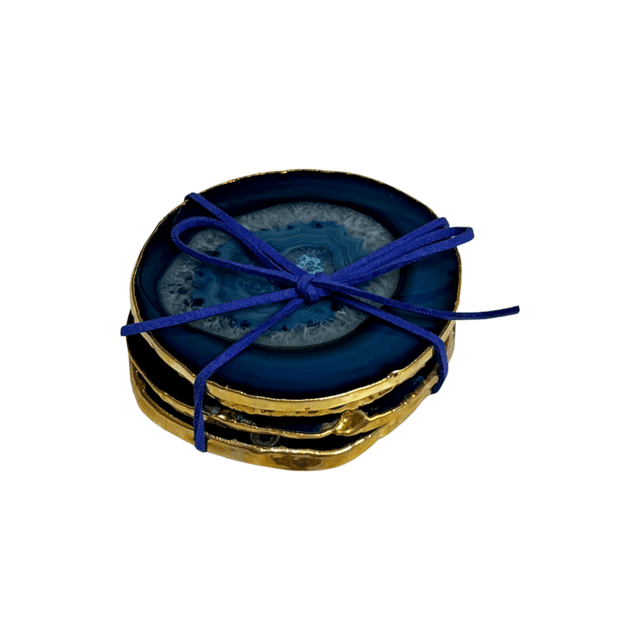 Conjunto Porta-Copos Ágata Azul Banho Ouro