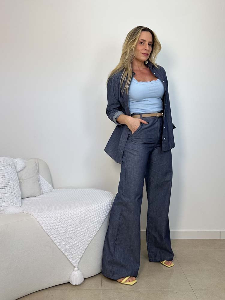 Calça Pantalona Feminina em Liocel – Cintura Alta com Bolso Faca