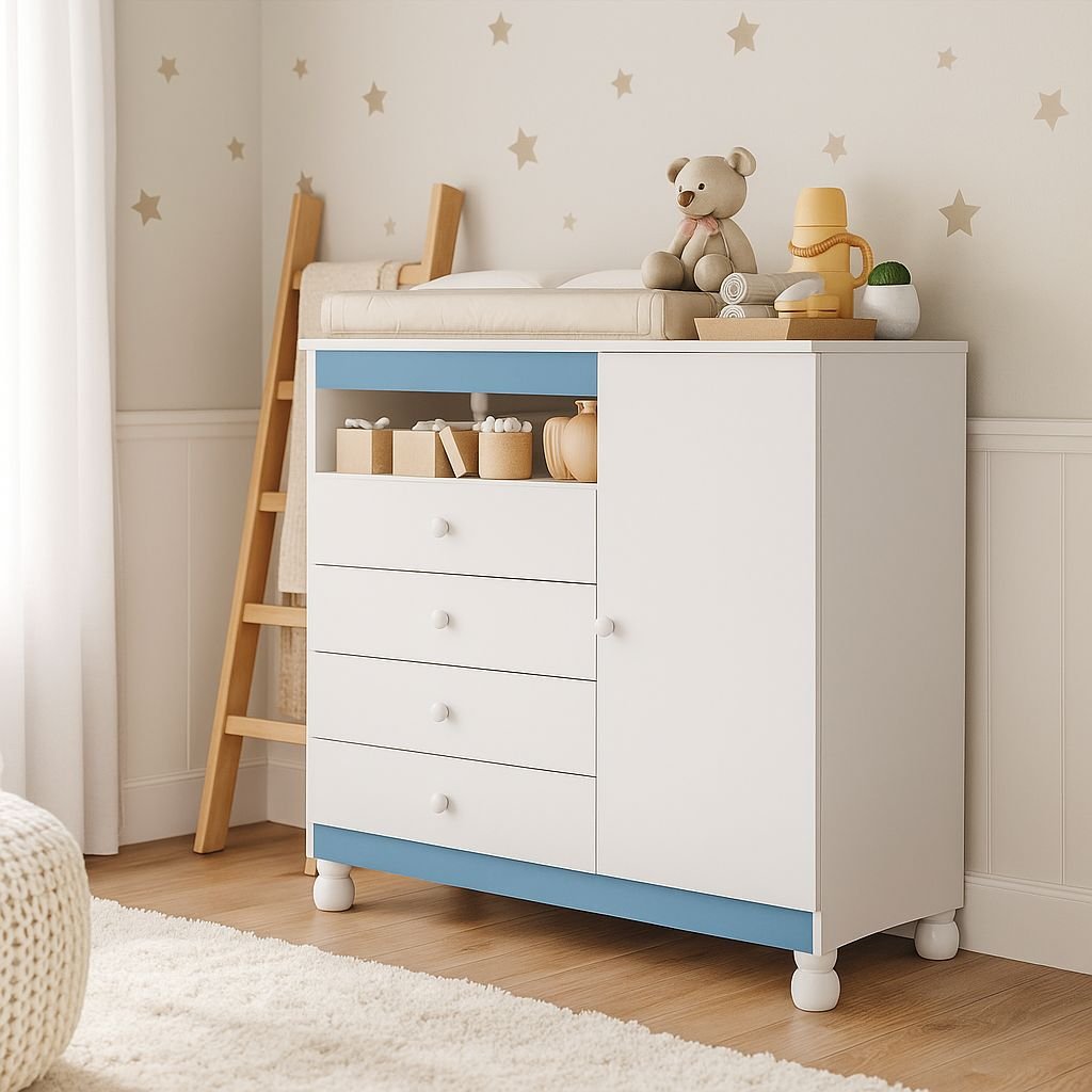 Cômoda Infantil Baby Bela – Sapateira com 4 Gavetas e Colchão