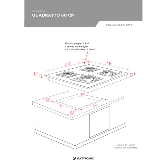 COOKTOP QUADRATTO 60 CM ELETTROMEC Gourmet Conceito
