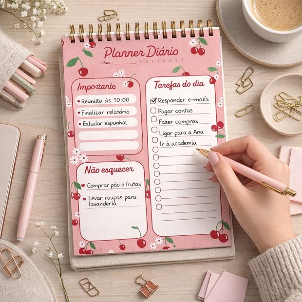 Bloco Planner Diário Cherry Com Lista de Tarefas e Lembretes | Prolar