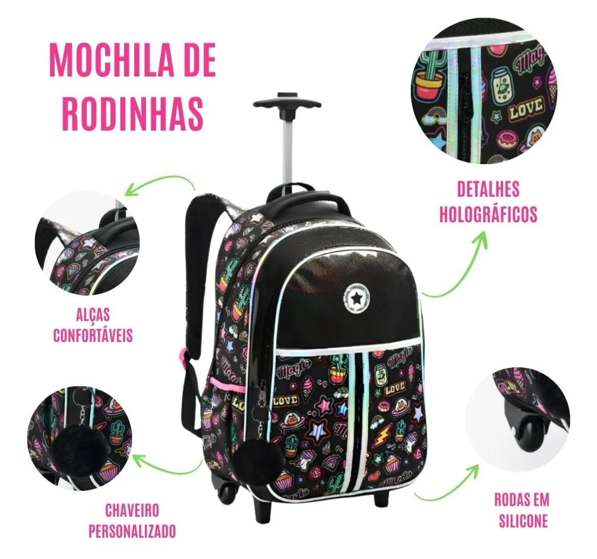 黒水晶？レインボー？MA399 MOCHILA COM RODAS JUVENIL JUST LOVE- DENLEX JT1885 | Casa das