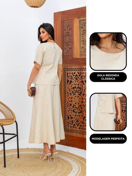 Conjunto Feminino em Linho Blusa e Saia Midi | Maria do Luxo