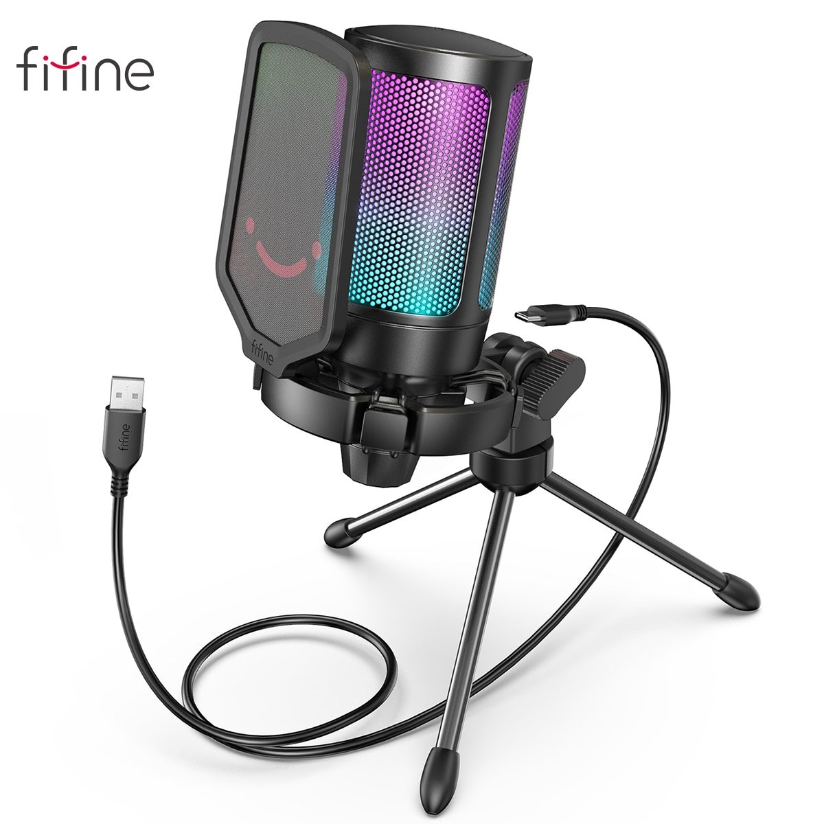 Microphone USB à Condensateur Avec LED RGB - Réduction De Bruit DSP - Pour Streaming, Gaming, Podcast - Compatible PC, PS, Mac