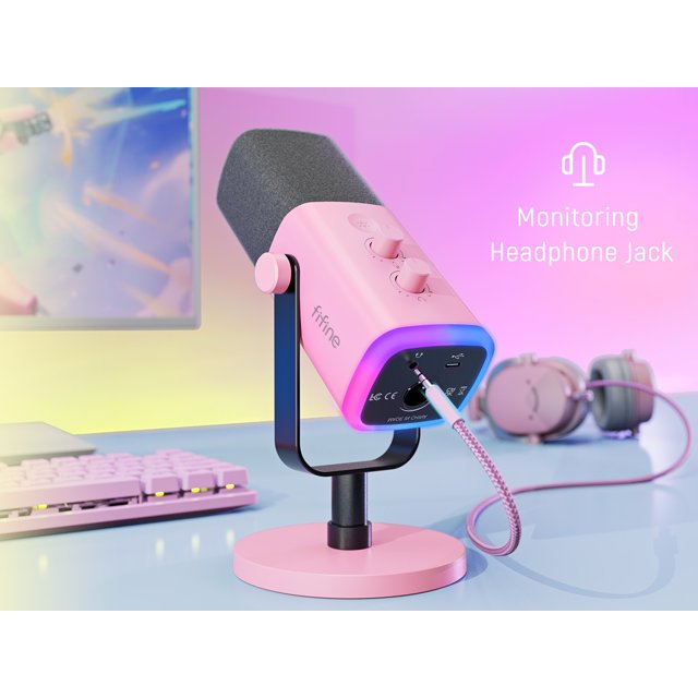 Microfone Rosa Microfone Rosa FIFINE-USB dinâmico XLR com controle RGB, microfone mudo ...
