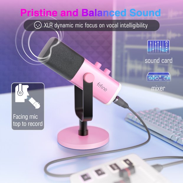 Microfone Rosa Microfone Rosa FIFINE-USB dinâmico XLR com controle RGB, microfone mudo ...