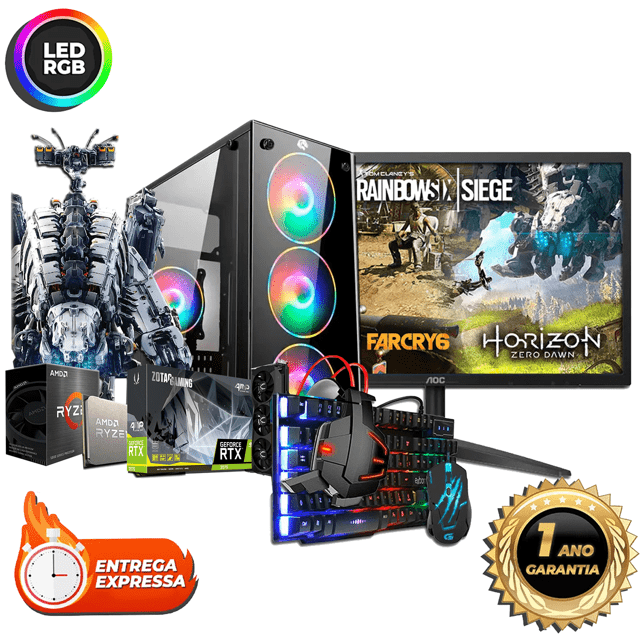 Computador PC Gamer Nível 60 Ryzen 5 5600X Completo / 16GB DDR4 / Placa de Vídeo RTX 3060 12GB / SSD NVME M2 / Fonte PFC Ativo Bivolt / Monitor 24' 