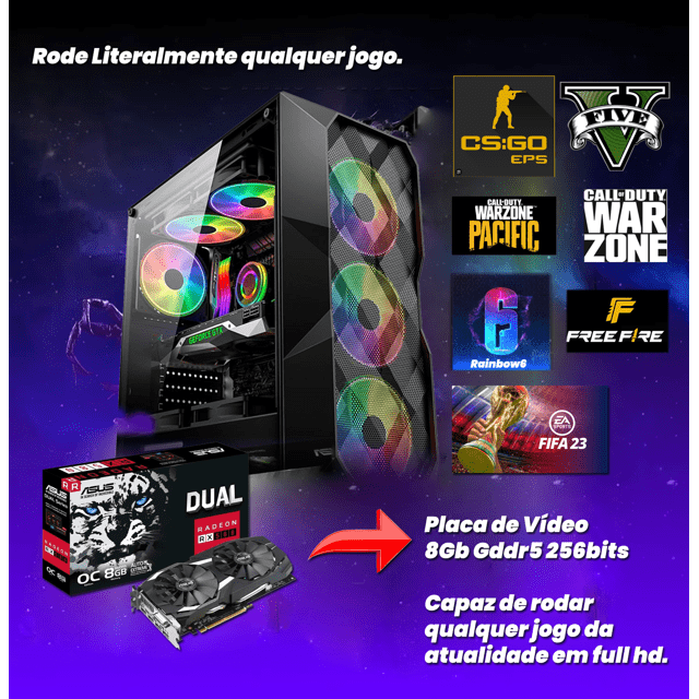 Computador PC Gamer Ryzen 5 Placa de Vídeo 8gb SSD 500 700w Gabinete Gamer  Rgb Wifi Windows 11 Jogos instalados