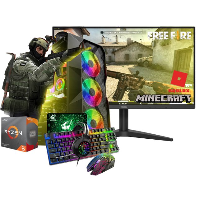 PC Gamer Barato Completo Monitor + Kit Gamer + CPU AMD Ryzen 5 2400g / 8GB  DDR4 / Placa de Vídeo Vega 3 - Nivel 10