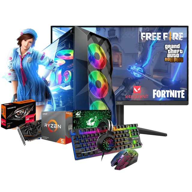 Computador PC Gamer Nível 25 Completo / AMD Ryzen 5 1500X / Placa de Vídeo AMD RX 580 8GB / 16GB Ram DDR4 / 240GB SSD / Kit Gamer + Monitor